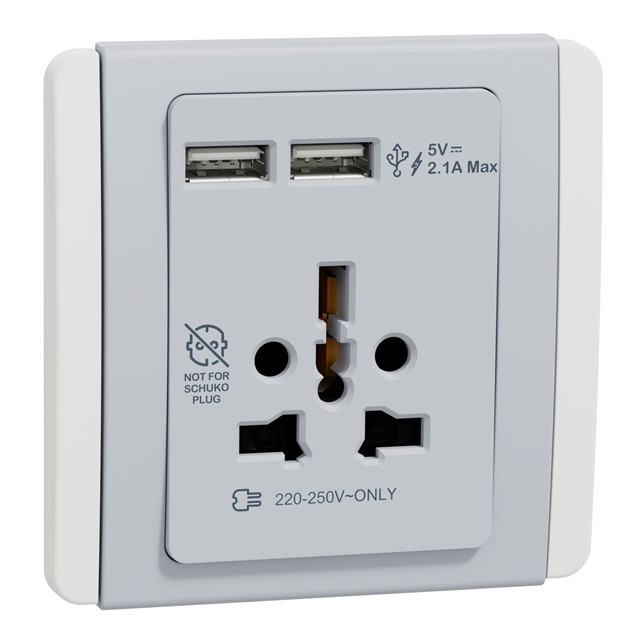 Stop Kontak Neo 16A International Socket with 2.1A USB, Grey Silver